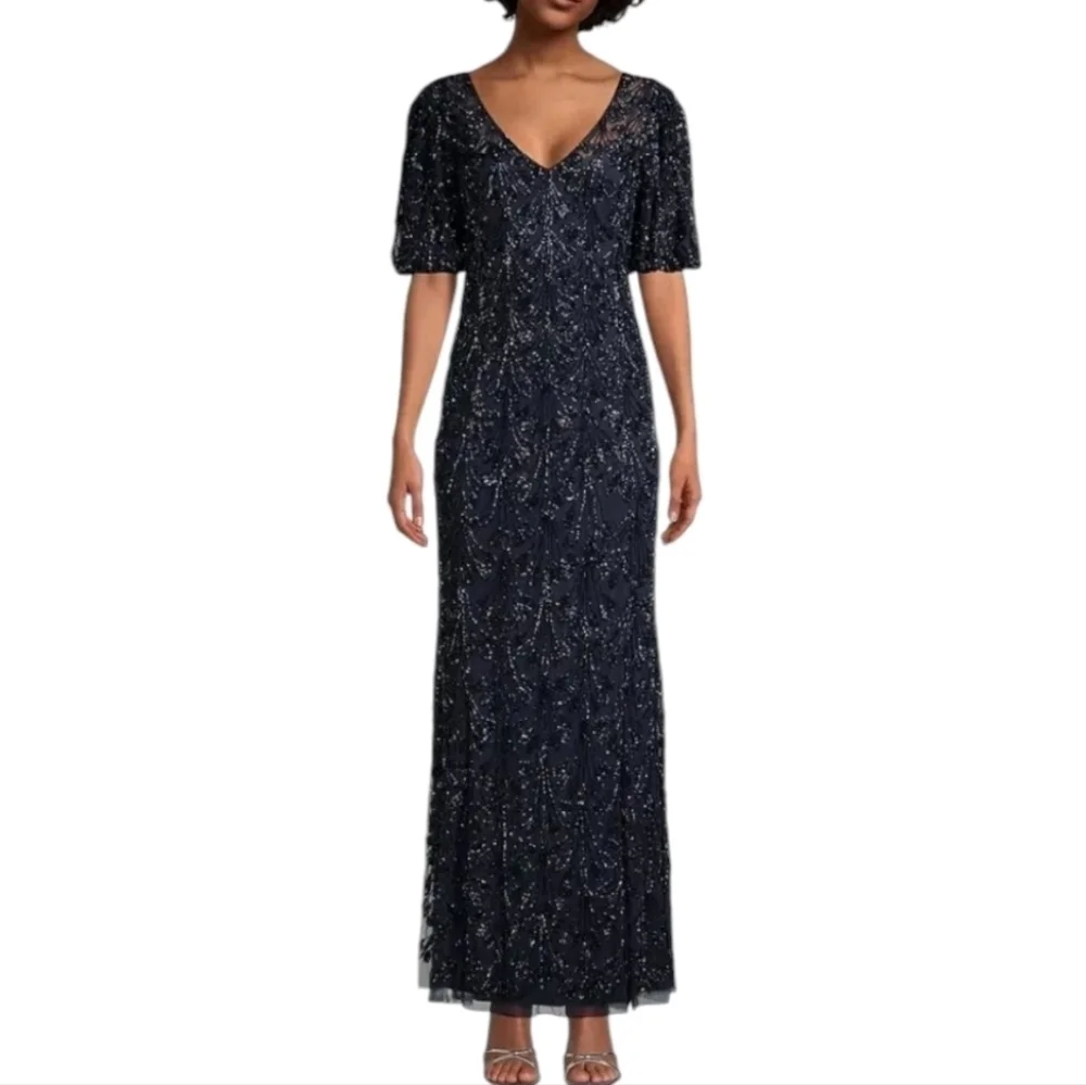Aidan Mattox $550 NWT Beaded V-Neck Sheath Evening Gown Navy Blue, size 6 - Picture 3 of 13